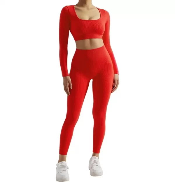 Custom Women's Sports Sets - Open Back Long Sleeve Skinny Butt Lifting Leggings Seamless Ribbed Workout Sets 2 Piece Outfits