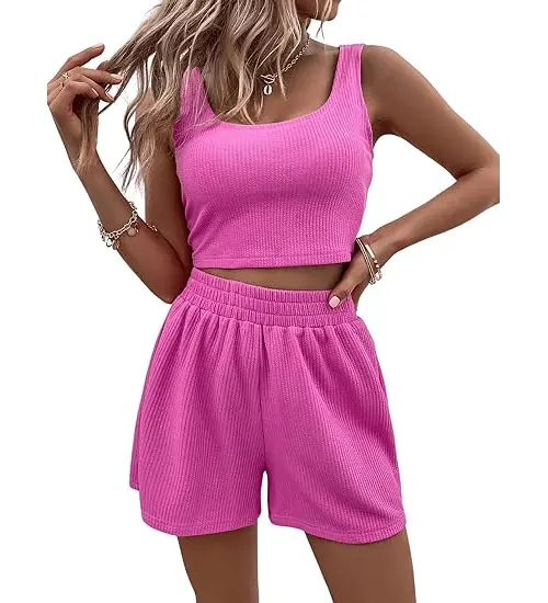 Sports Sets Manufacturer for Women - Women's 2 Piece Ribbed Crop Tank Top and Shorts Tracksuit Set