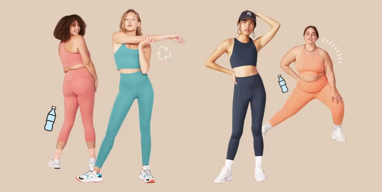 Four women wearing different styles of colorful yoga outfits, including flared yoga pants and matching sports bras, showcasing a range of sizes and body types.