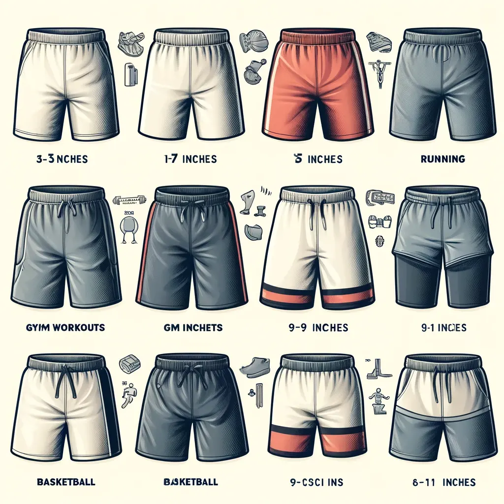 Different types of athletic shorts with various lengths displayed, showing their specific uses for running, gym workouts, basketball, and casual wear.