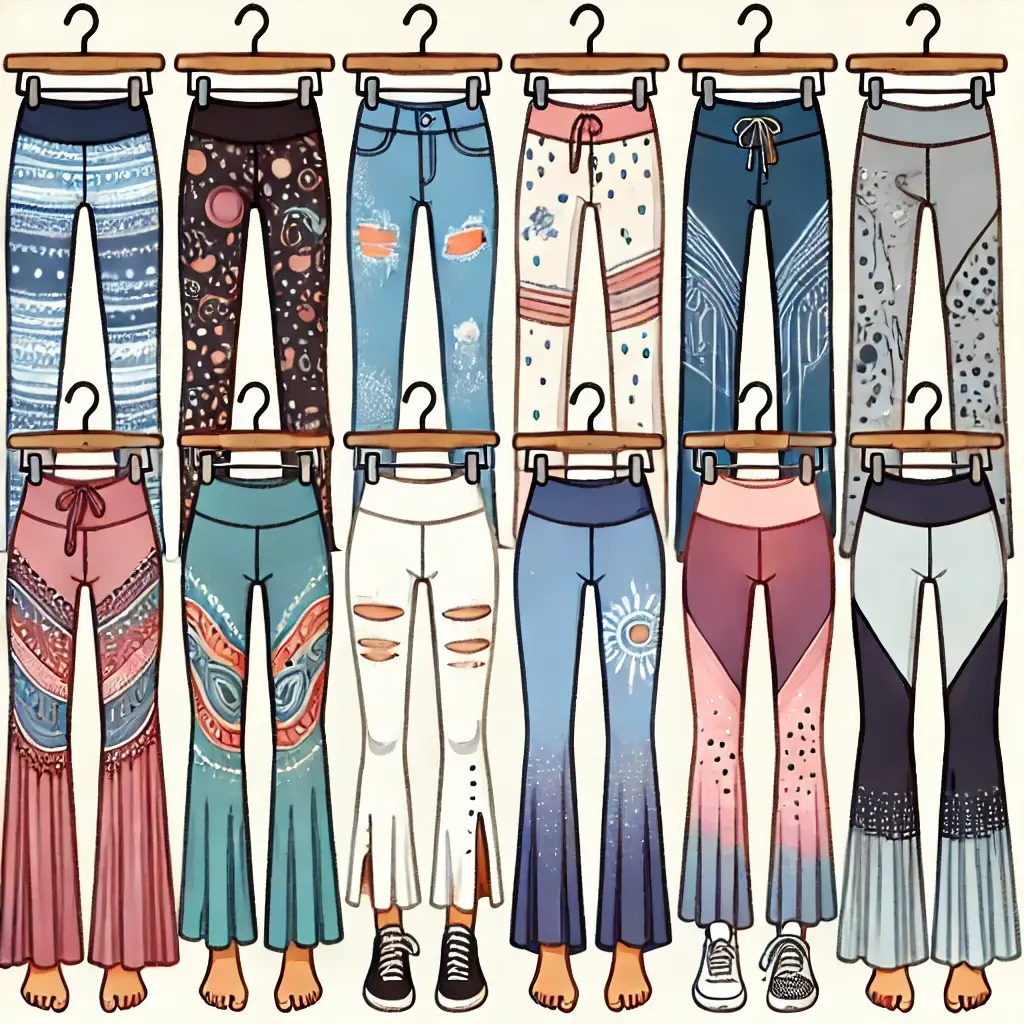 Various styles of yoga pants including bootcut, flare, and skinny fits displayed on a rack, ideal for yoga and exercise.