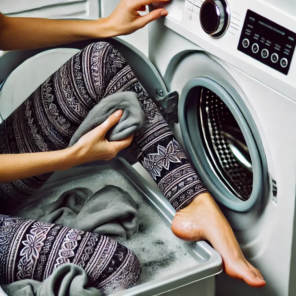 Washing yoga pants and leggings in a washing machine, focusing on care and maintenance tips for activewear.