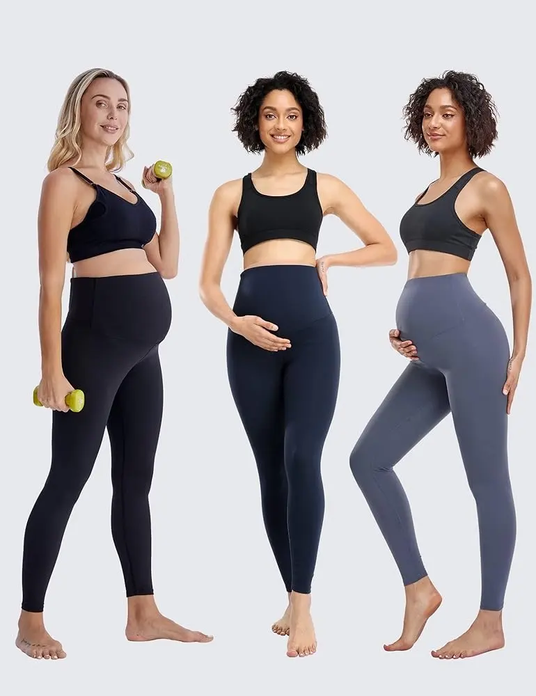 Maternity leggings with pockets: Detailed view of the pocket design and high-waist support in maternity yoga leggings