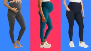 Maternity leggings with pockets: Detailed view of the pocket design and high-waist support in maternity yoga leggings