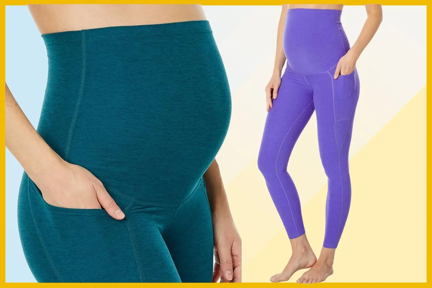 Maternity leggings with pockets: Detailed view of the pocket design and high-waist support in maternity yoga leggings