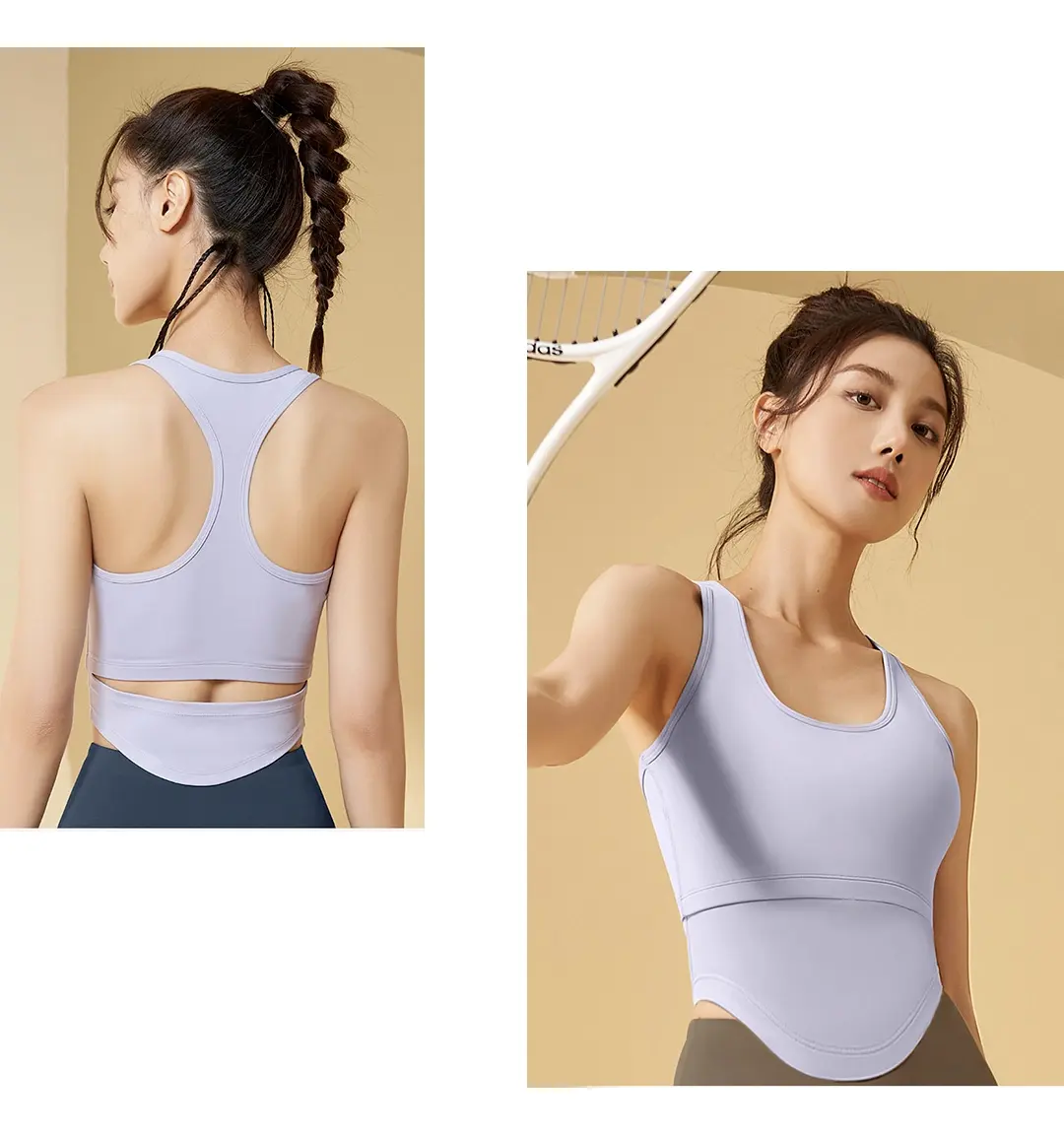 Sporty yet stylish yoga top, seamlessly transitioning from gym to court.